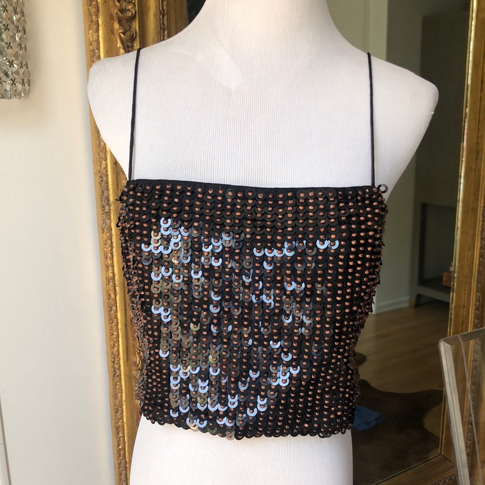 Alice & Olivia size 6 Black brown Sequin Cropped Cami Top